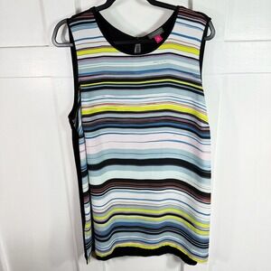 Vince Camuto 1X Black Sleeveless Multicolor Stripe Keyhole Button Back Top